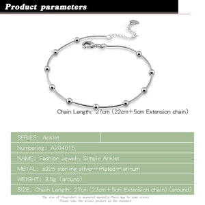 S925 Silver Anklet Women's Bead Pendant Real Silver Chain Summer Jewelry