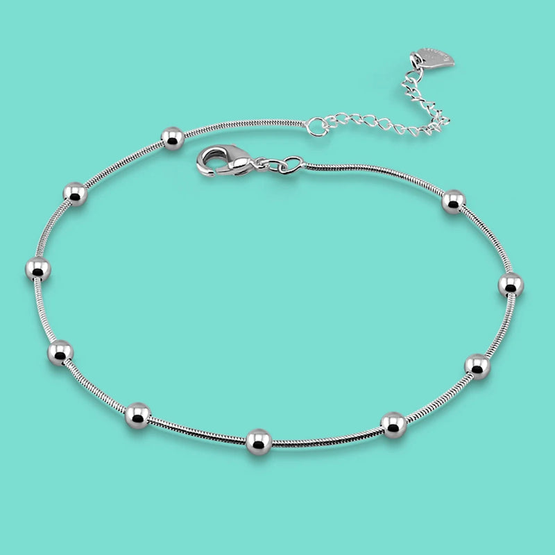 S925 Silver Anklet Women's Bead Pendant Real Silver Chain Summer Jewelry