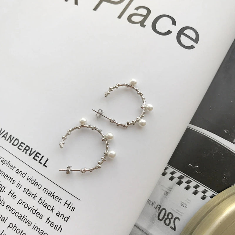 Minimalist Shell Pearl Twig Tree Branch Hoop Earrings Sterling Silver 925