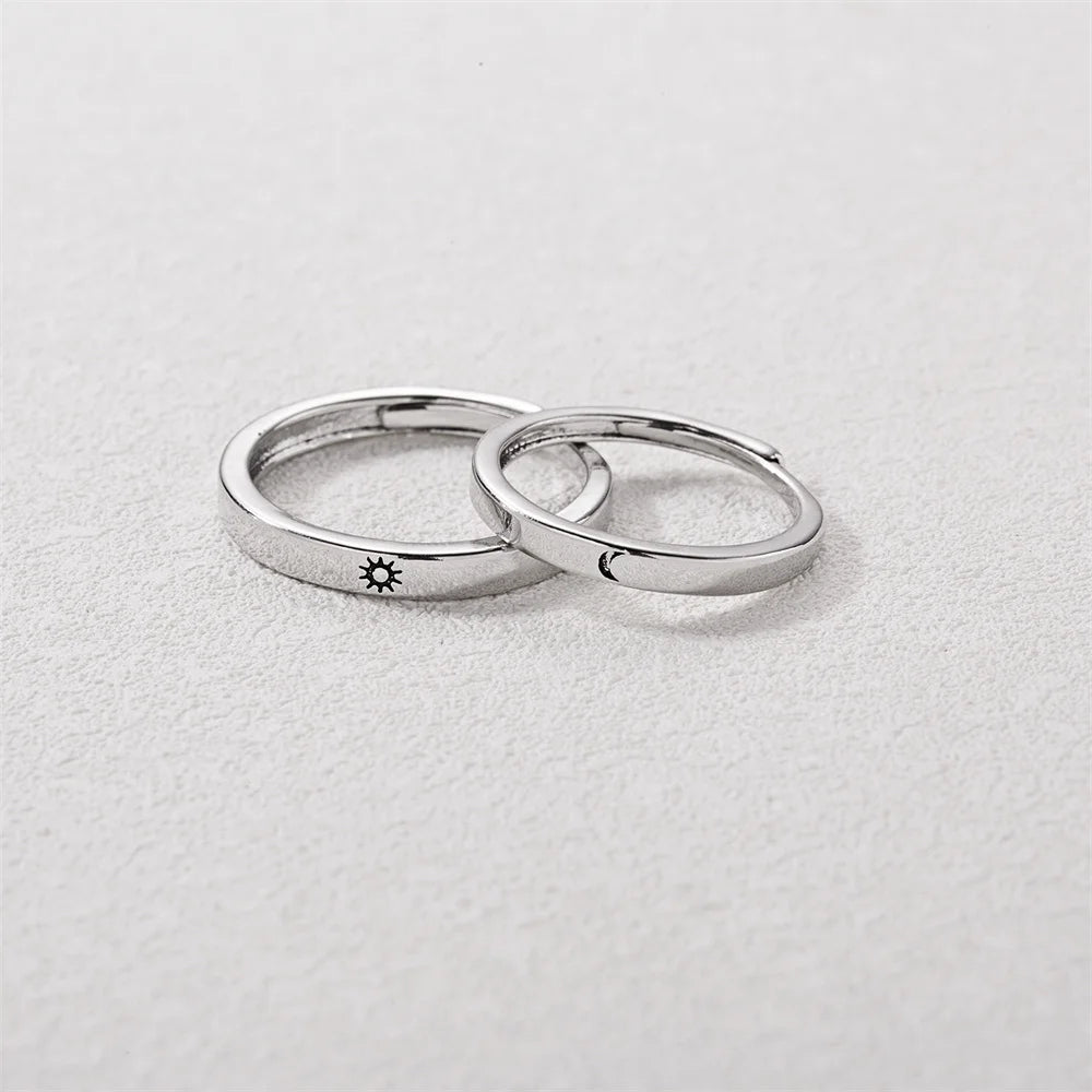 Minimalist Silver Sun Moon Couple Rings Jewelry Gift