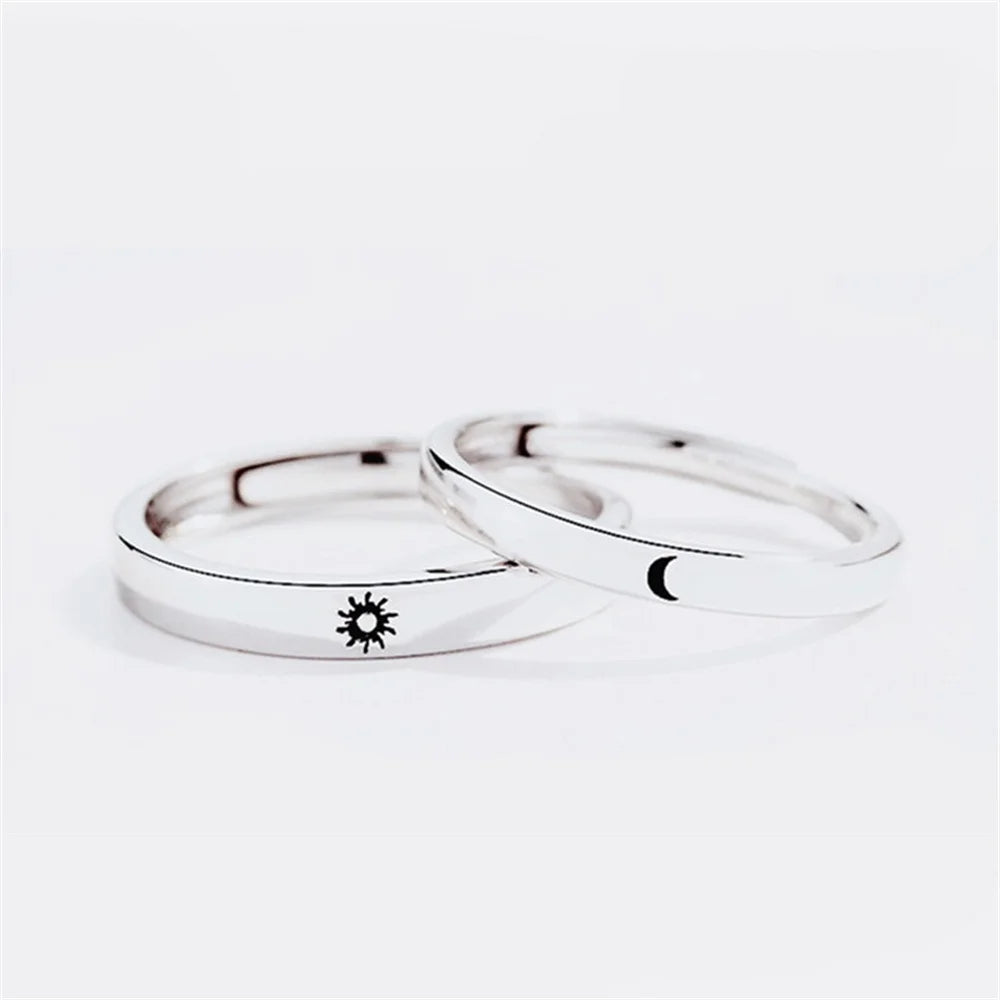 Minimalist Silver Sun Moon Couple Rings Jewelry Gift