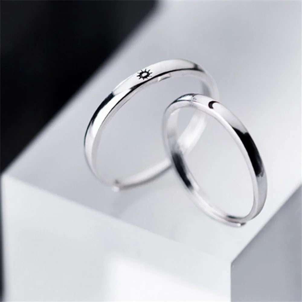 Minimalist Silver Sun Moon Couple Rings Jewelry Gift