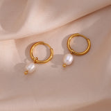 Minimalist Stainless Steel Small Hoop Earrings with Pearl Charms