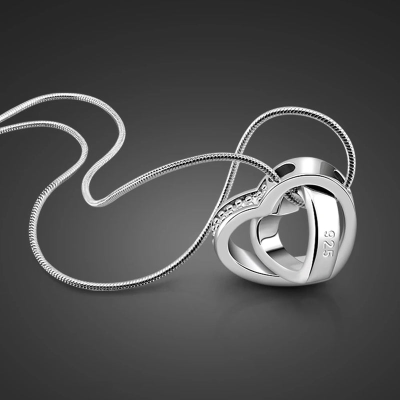 Minimalist 925 Silver Necklace-Double Heart Pendant-Snake Chain Gift