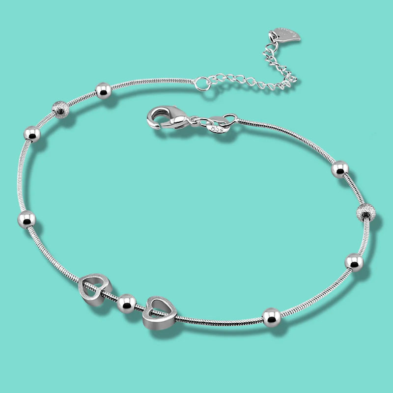925 Silver Solid Anklet Ball Beads Heart Snake Chain Ankle Bracelet
