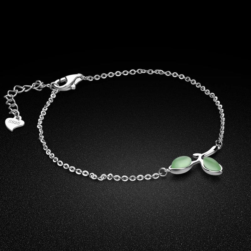 925 Sterling Silver Green Zircon Leaf Bracelet - Women's Birthday Party Jewelry