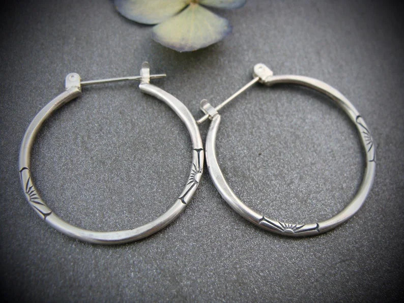 Vintage Silver Round Earrings 925 Silver Needle Hoops Imprinted Jewelry