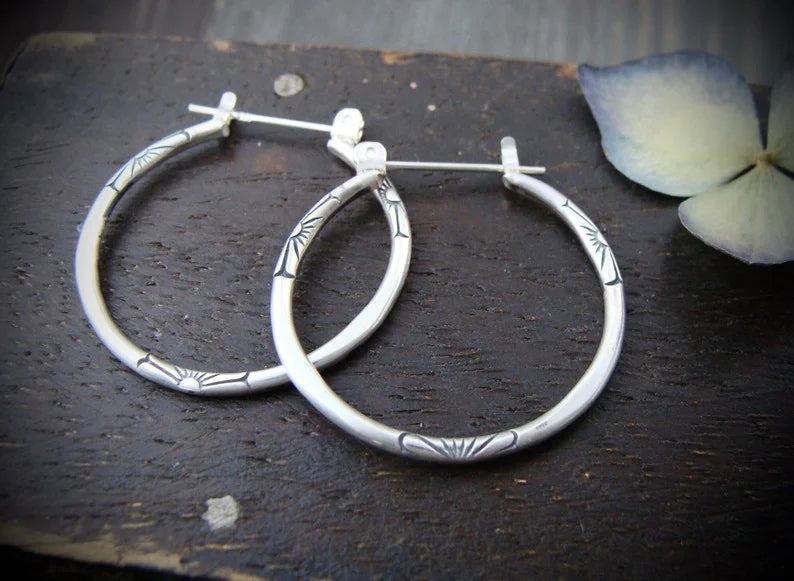 Vintage Silver Round Earrings 925 Silver Needle Hoops Imprinted Jewelry