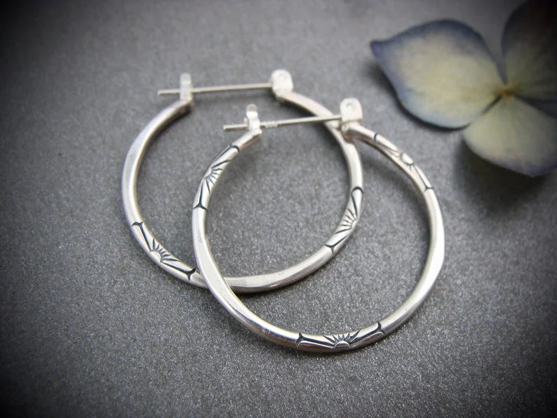 Vintage Silver Round Earrings 925 Silver Needle Hoops Imprinted Jewelry