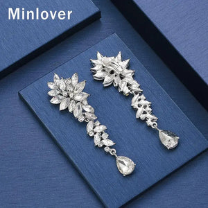 Silver Horse Eye Rhinestone Clip Earrings Teardrop Bridal Dangle Wedding Jewelry