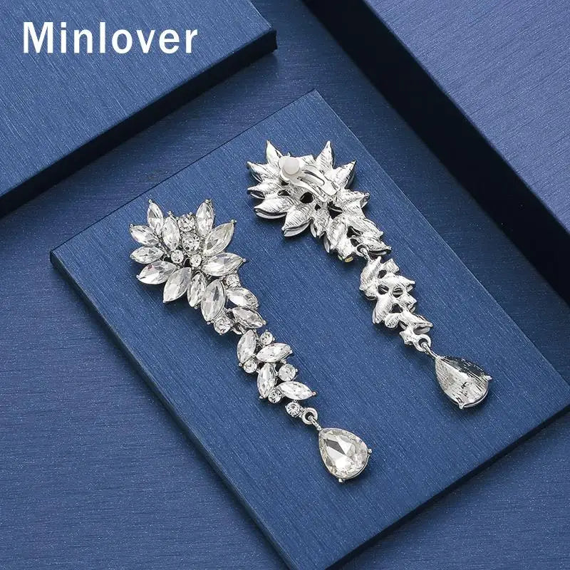 Silver Horse Eye Rhinestone Clip Earrings Teardrop Bridal Dangle Wedding Jewelry