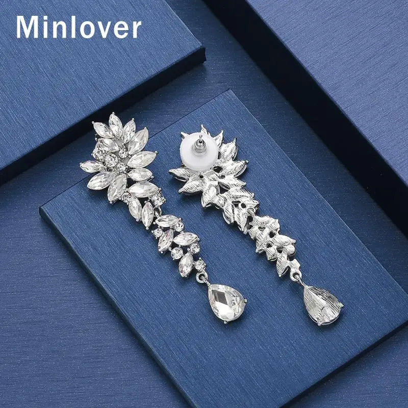 Silver Horse Eye Rhinestone Clip Earrings Teardrop Bridal Dangle Wedding Jewelry