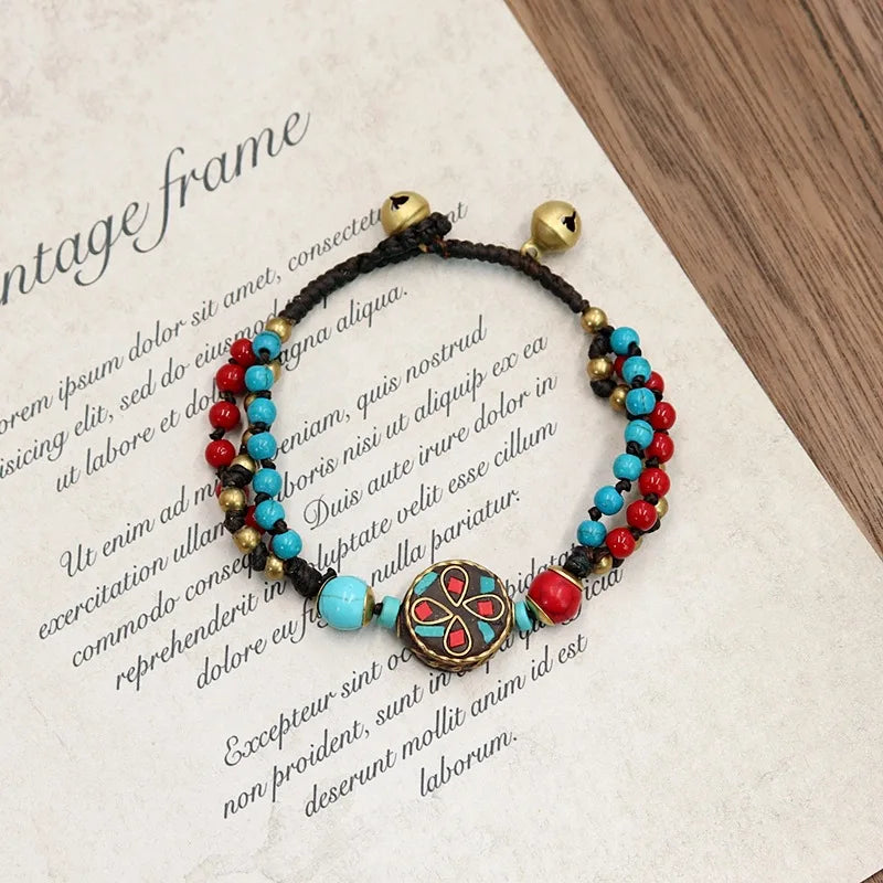 Vintage Nepal Bronze Bead Bracelet Tibetan Ethnic Style Handstring