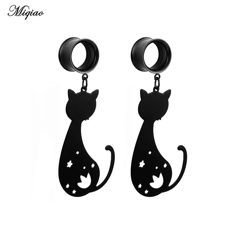 Miqiao 2 Pc Stainless Steel Cat Dangle Ear Gauges Tunnels 6-25mm