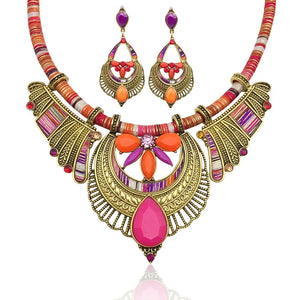 Miqiao Ethnic Boho Resin Alloy Necklace Earrings Set for Women