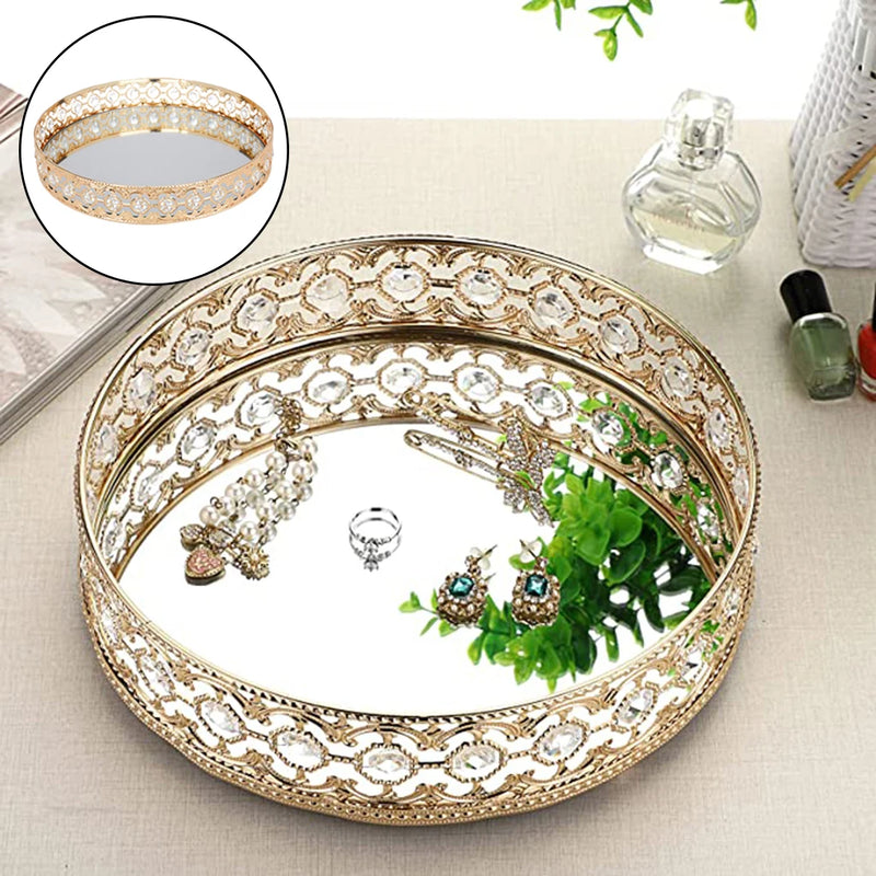 Round Mirrored Tray Decorative Storage Crystal Mirror Vanity Tray
