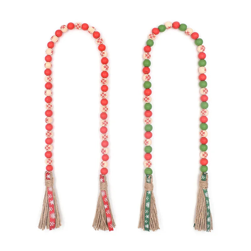 2Pcs Christmas Snowflake Wooden Bead Ribbon Tassel Decoration