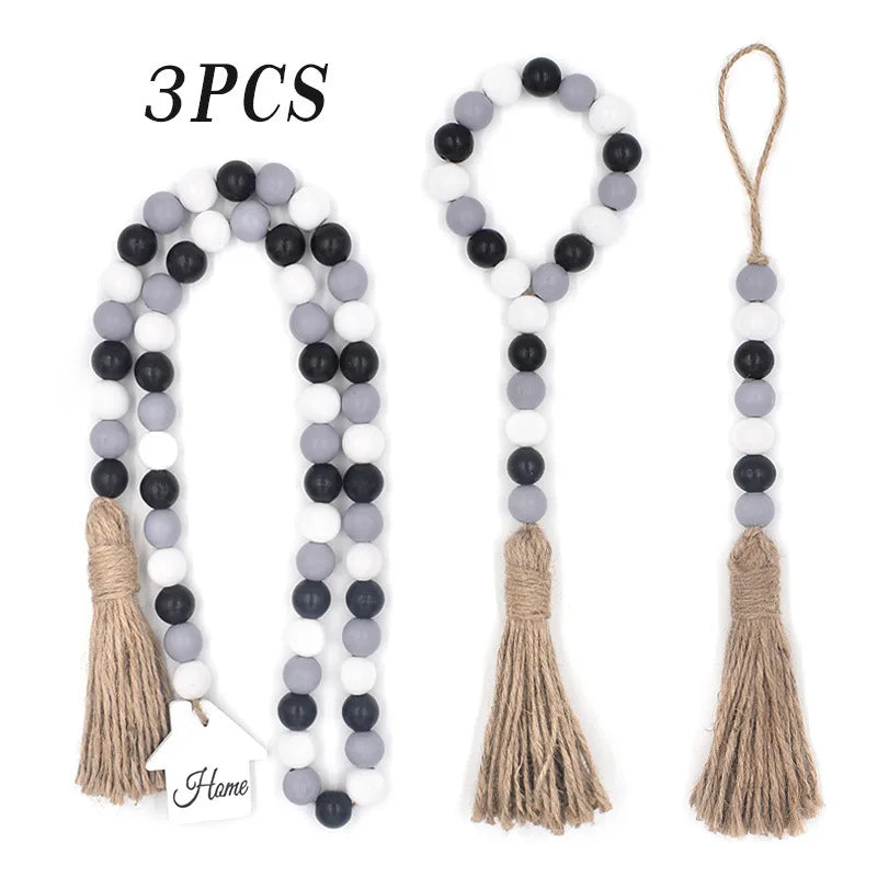3Pcs Wood Beads Garland with Tassels Farmhouse Rustic Decor