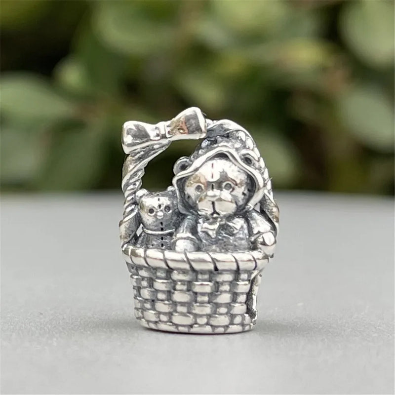 925 Sterling Silver Bear Picnic Basket Mistletoe Charm Bead