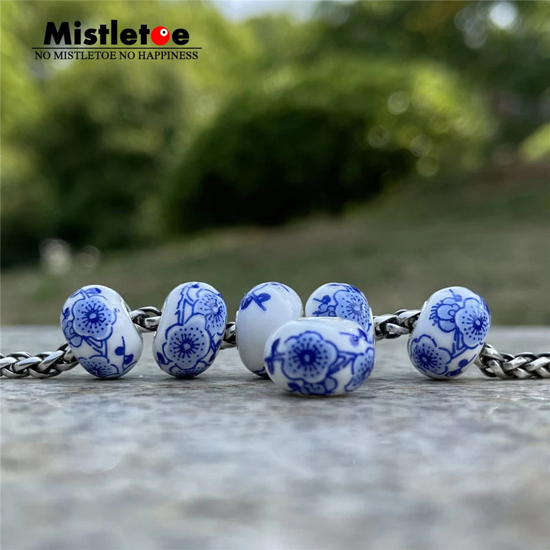 925 Sterling Silver Chinese & Porcelain Plum Charm Bead