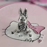 925 Sterling Silver Rose Rabbit Bunny With Bow Charm Bead Jewelry