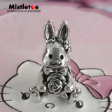 925 Sterling Silver Rose Rabbit Bunny With Bow Charm Bead Jewelry