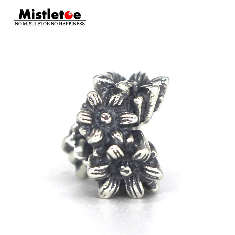 Sterling Silver Mistletoe Daisies Flower Charm Bead European Jewelry