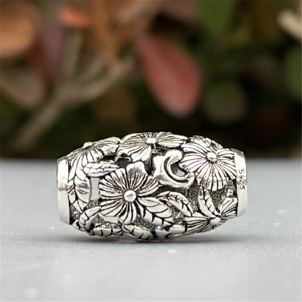 Mistletoe Silver Vintage Openwork Flowers Barrel Charm Bead