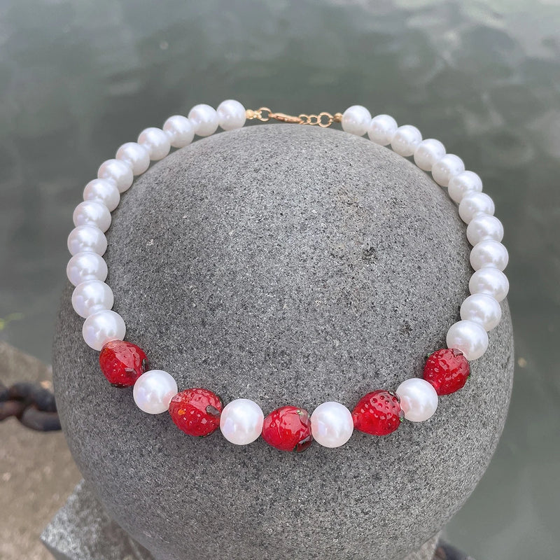 Miwens Pearl & Strawberry Statement Clavicle Necklace Vintage Chunky Choker