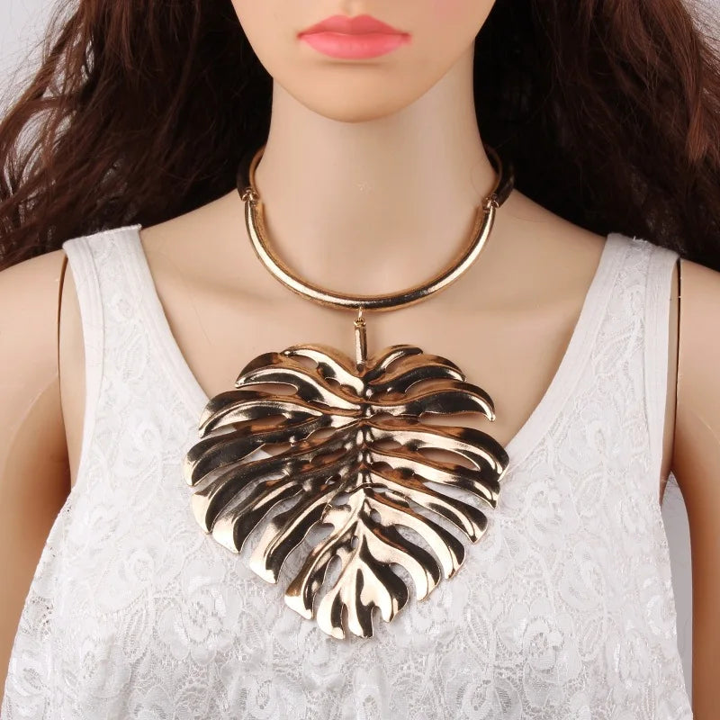 Vintage Punk Metal Leaf Silver Torques Necklace Choker