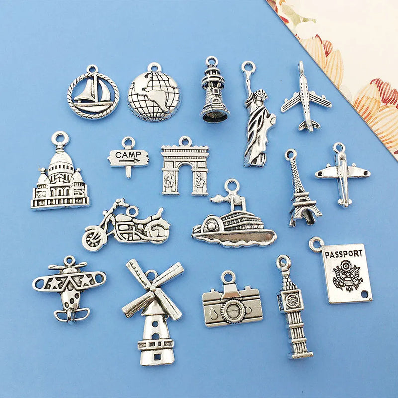 50pcs Travel Charms Tibetan Silver Pendants DIY Jewelry Findings