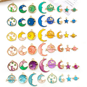 5pcs Enamel Plated Charms Alloy Moon Star Cat Pendant DIY Jewelry Making