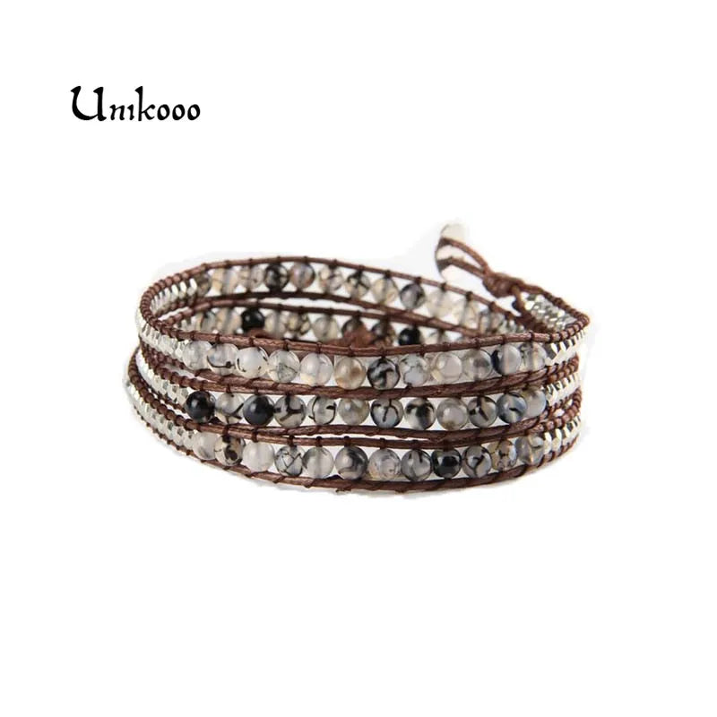 Natural Stone Beads Wrap Bracelet 4 Wrap Leather & Wax Cord