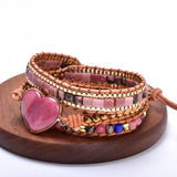 Rhodonite Beaded Chain Leather Wrap Bracelet Heart Stone