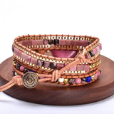 Rhodonite Beaded Chain Leather Wrap Bracelet Heart Stone