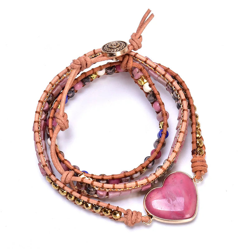 Rhodonite Beaded Chain Leather Wrap Bracelet Heart Stone