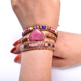 Rhodonite Beaded Chain Leather Wrap Bracelet Heart Stone