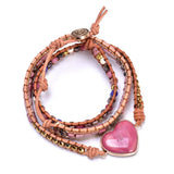 Rhodonite Beaded Chain Leather Wrap Bracelet Heart Stone