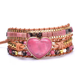 Rhodonite Beaded Chain Leather Wrap Bracelet Heart Stone