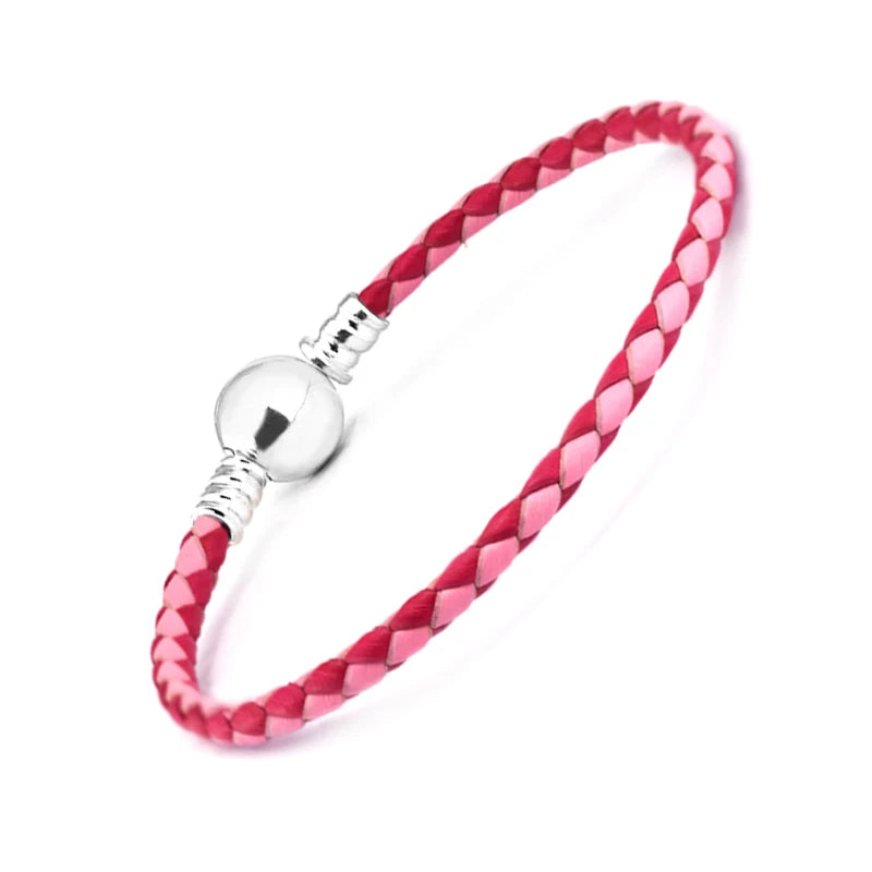 Pink Red Leather Bracelet with Round Clasp for Charms & Beads