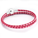 Pink Red Leather Bracelet with Round Clasp for Charms & Beads