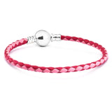 Pink Red Leather Bracelet with Round Clasp for Charms & Beads