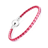 Pink Red Leather Bracelet with Round Clasp for Charms & Beads