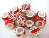 20pcs Red Enamel European Big Hole Charms Beads with Rhinestone for Bracelet DIY