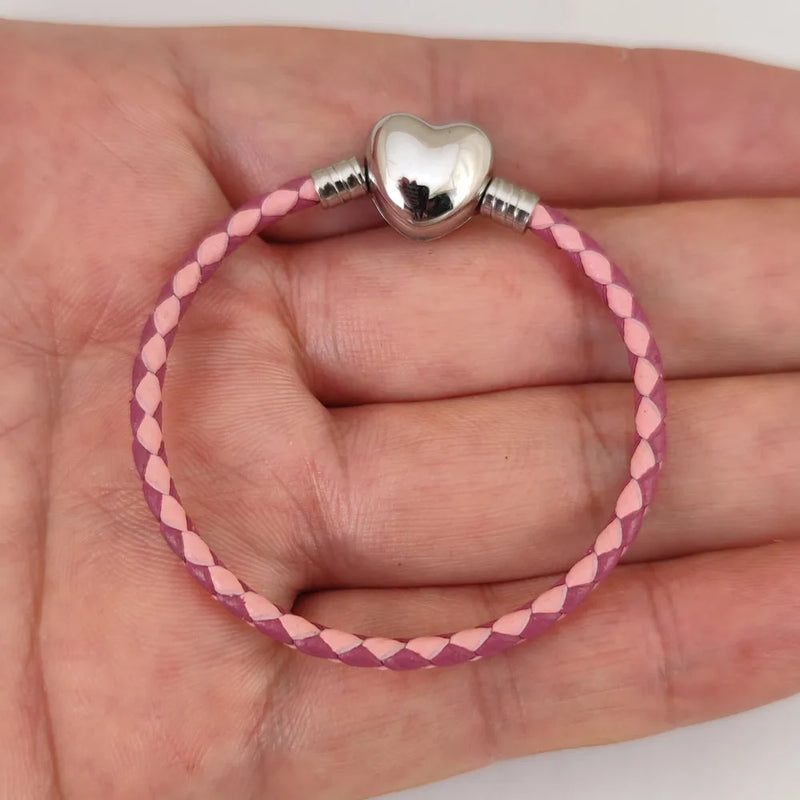 3mm Stainless Steel Heart Buckle Leather Bracelet for Pandora Charms