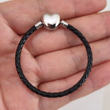 3mm Stainless Steel Heart Buckle Leather Bracelet for Pandora Charms