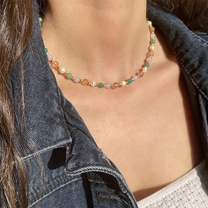Natural Pearl Beaded Choker Necklace for Women Girls