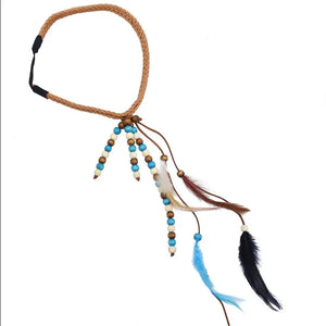 Wood Beaded Feather Tassel Hair Band for Women Tribe Hippie Party