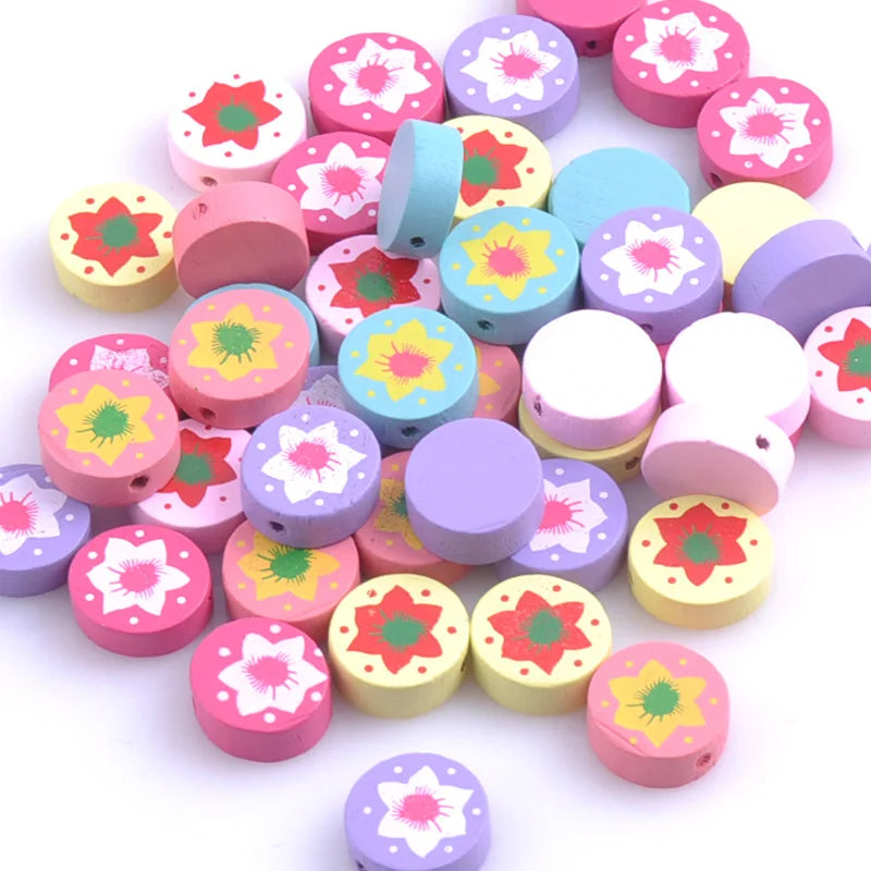 Mixed Flower Round Wooden Spacer Beads 17mm 50pcs