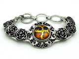 Peony Flower Bracelet with Mixed Pattern Button Zinc Alloy Buckle